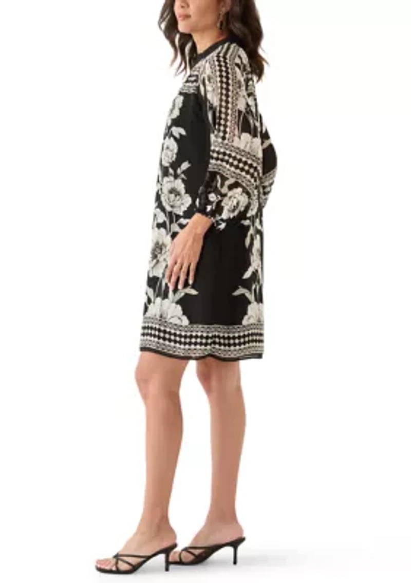 Women's Long Sleeve Mock Neck Floral Print A-Line Dress
