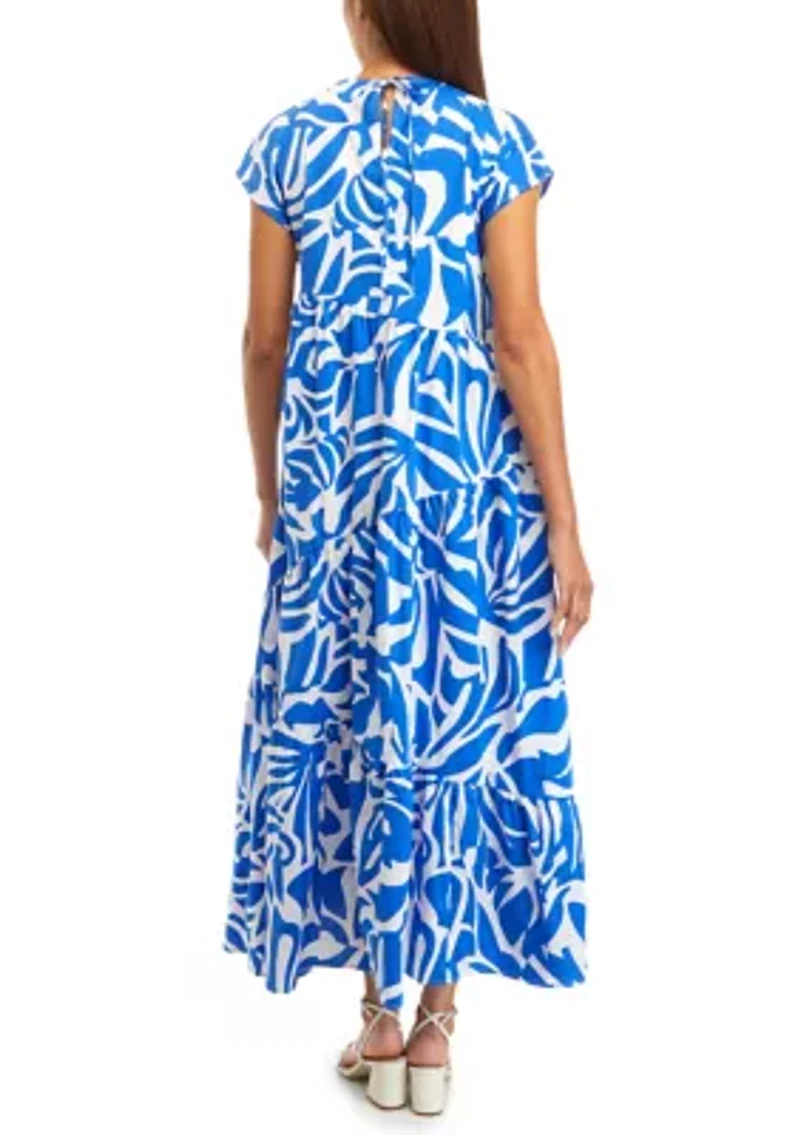 Women's Short Sleeve Keyhole Abstract Print Cotton Midi Dress