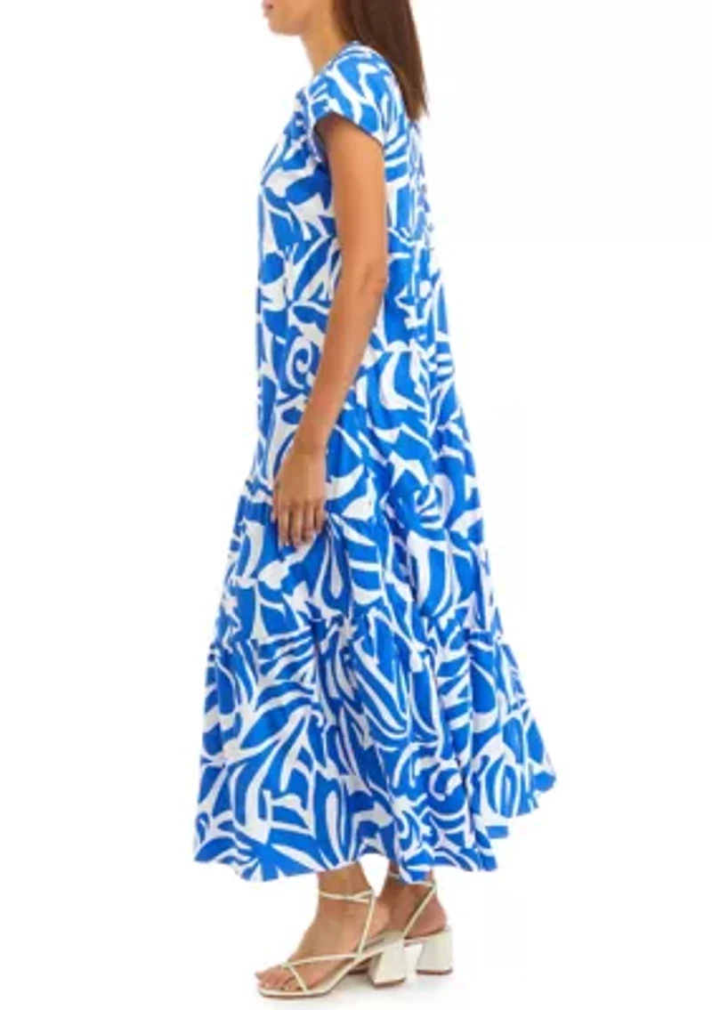 Women's Short Sleeve Keyhole Abstract Print Cotton Midi Dress