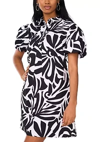 Women's Puff Sleeve Collar Neck Abstract Print Cotton A-Line Dress
