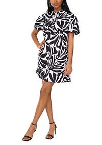 Women's Puff Sleeve Collar Neck Abstract Print Cotton A-Line Dress
