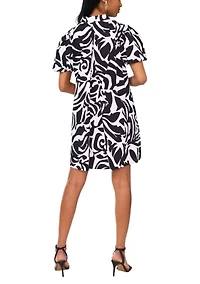 Women's Puff Sleeve Collar Neck Abstract Print Cotton A-Line Dress