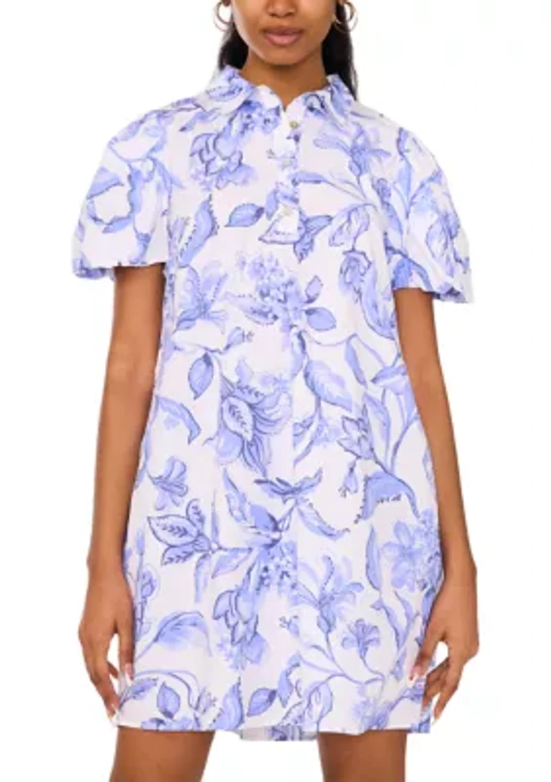 Women's Puff Sleeve Collar Printed Dress