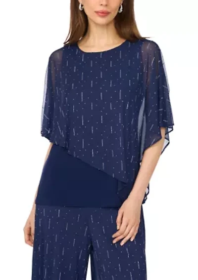 Women/s 3/4 Sleeves Mesh Overlay Studded Top