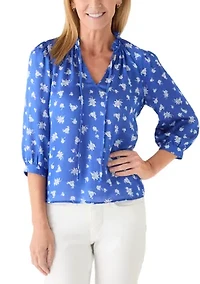 Petite Puff Sleeve Split Neck Floral Peasant Top