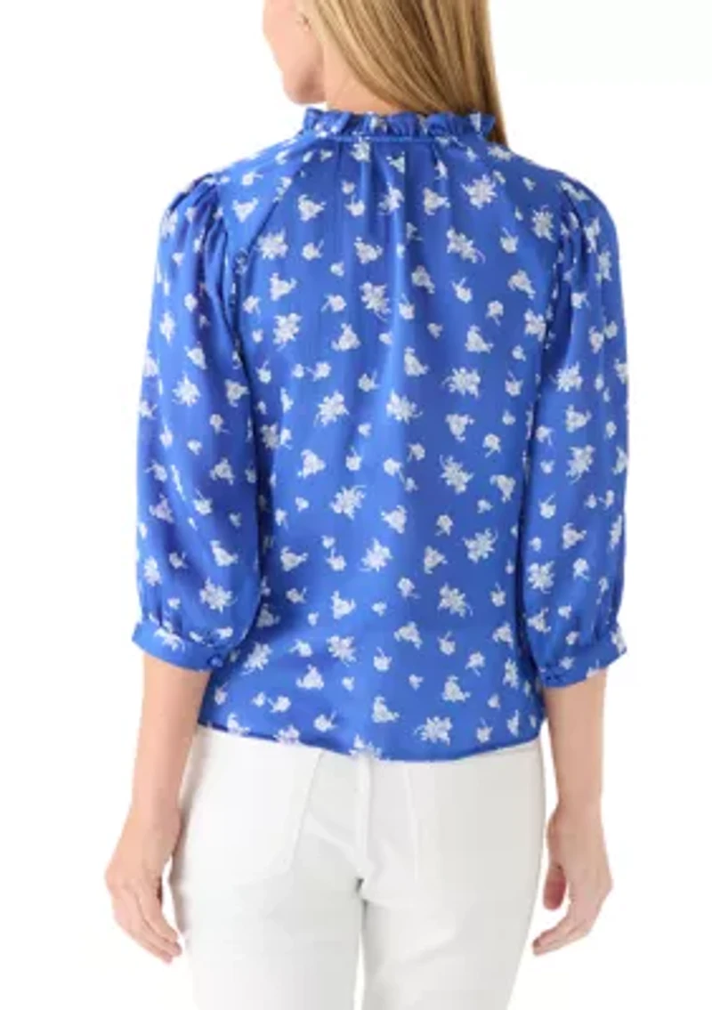 Petite Puff Sleeve Split Neck Floral Peasant Top