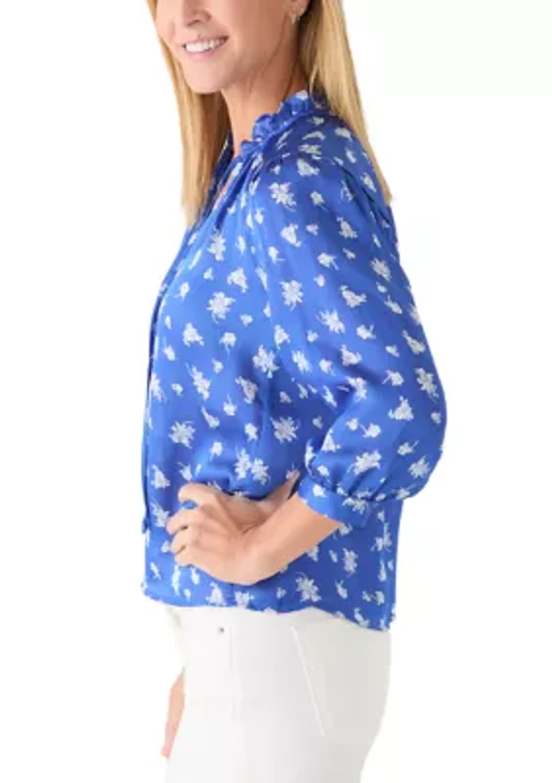 Petite Puff Sleeve Split Neck Floral Peasant Top