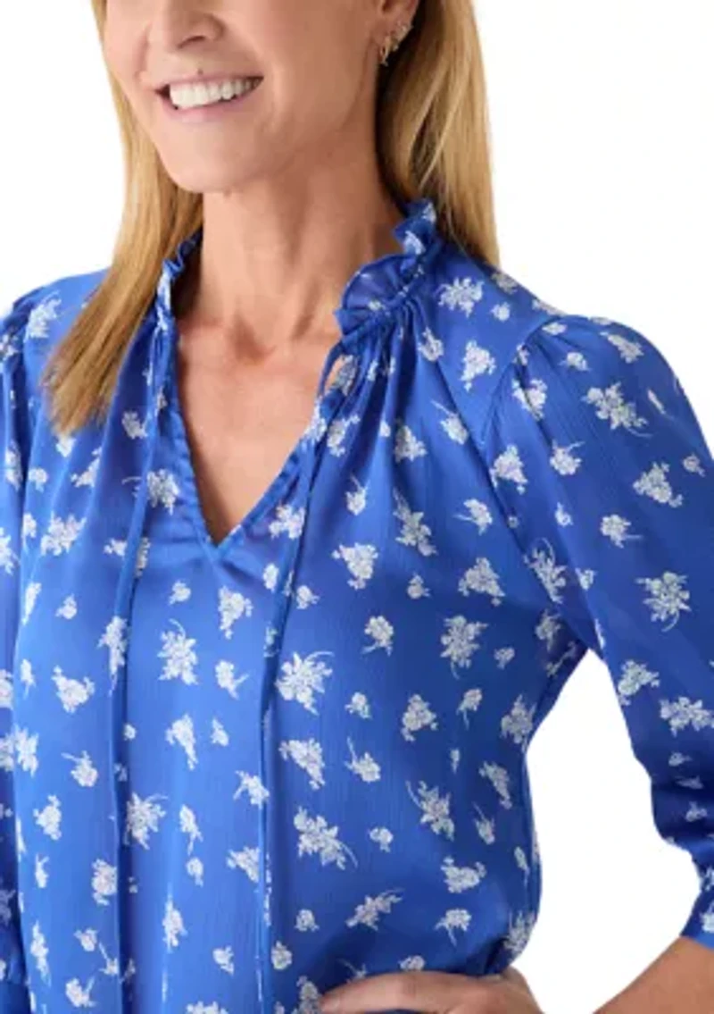 Petite Puff Sleeve Split Neck Floral Peasant Top