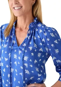 Petite Puff Sleeve Split Neck Floral Peasant Top