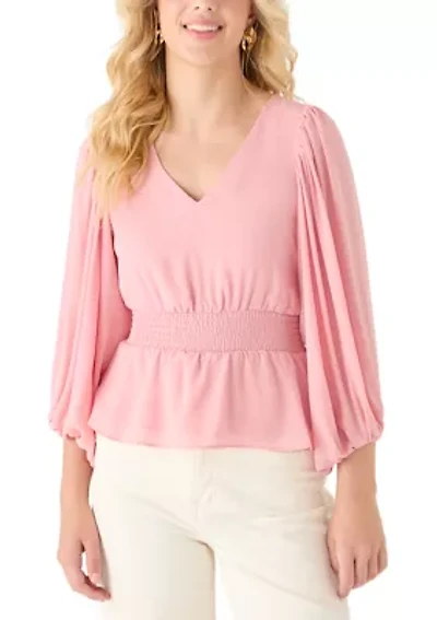 Petite Long Sleeve Smocked Waist Blouse