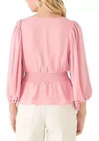 Petite Long Sleeve Smocked Waist Blouse