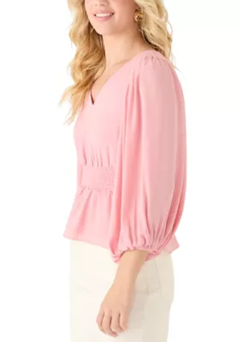 Petite Long Sleeve Smocked Waist Blouse
