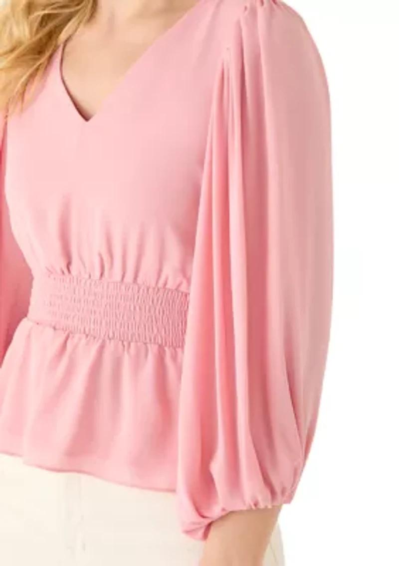 Petite Long Sleeve Smocked Waist Blouse