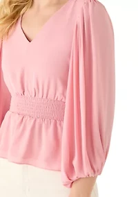 Petite Long Sleeve Smocked Waist Blouse