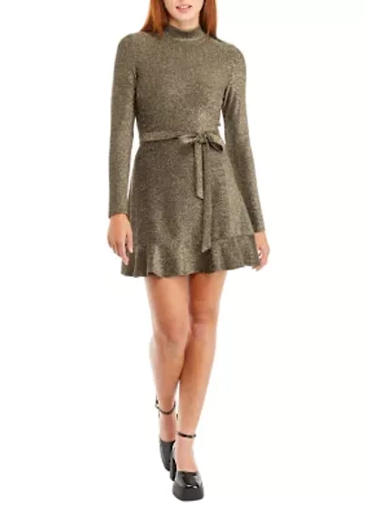 Juniors' Long Sleeve Ruffle Hem Lurex Dress