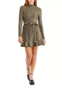 Juniors' Long Sleeve Ruffle Hem Lurex Dress
