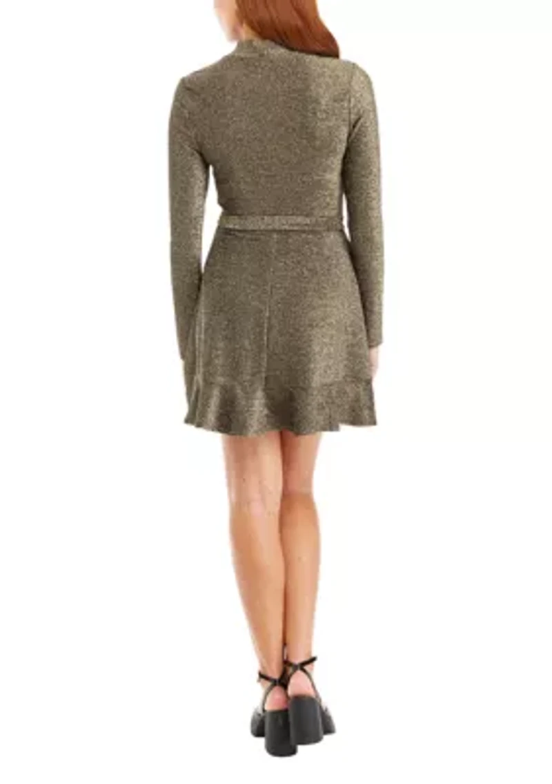 Juniors' Long Sleeve Ruffle Hem Lurex Dress