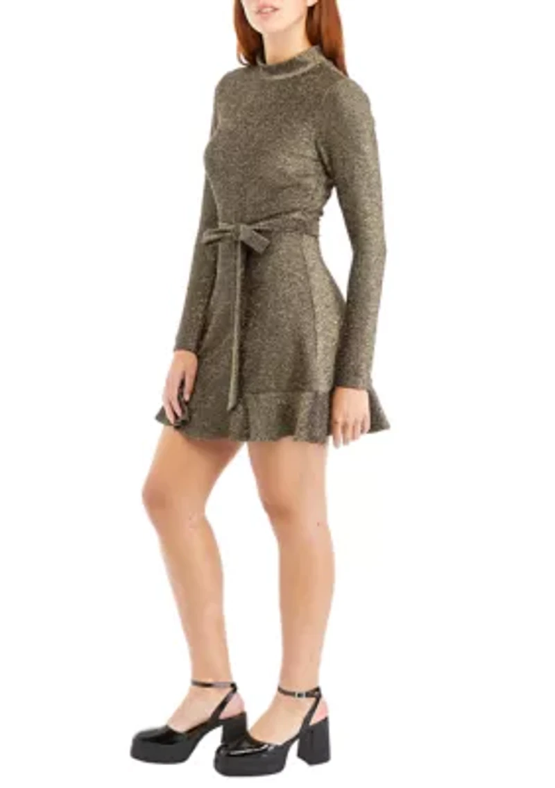 Juniors' Long Sleeve Ruffle Hem Lurex Dress