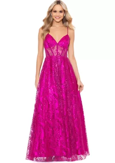 Women's V-Neck Sleeveless Glitter Tulle Ballgown