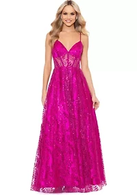 Women's V-Neck Sleeveless Glitter Tulle Ballgown