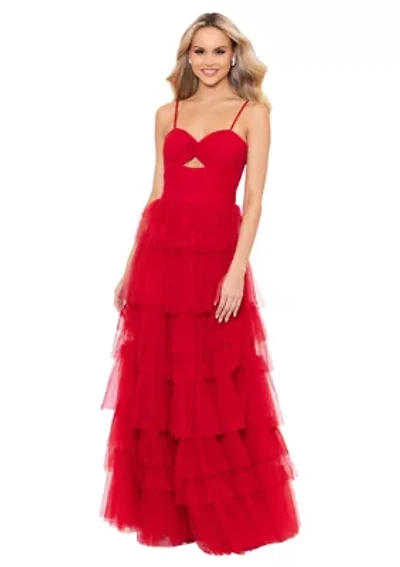 Women's Cutout Sleeveless Tulle Tiered Gown