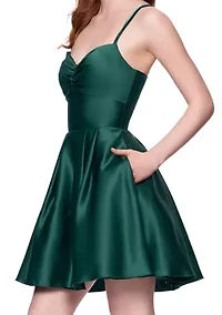 Women's Sleeveless Sweetheart Solid Satin Fit and Flare Dress