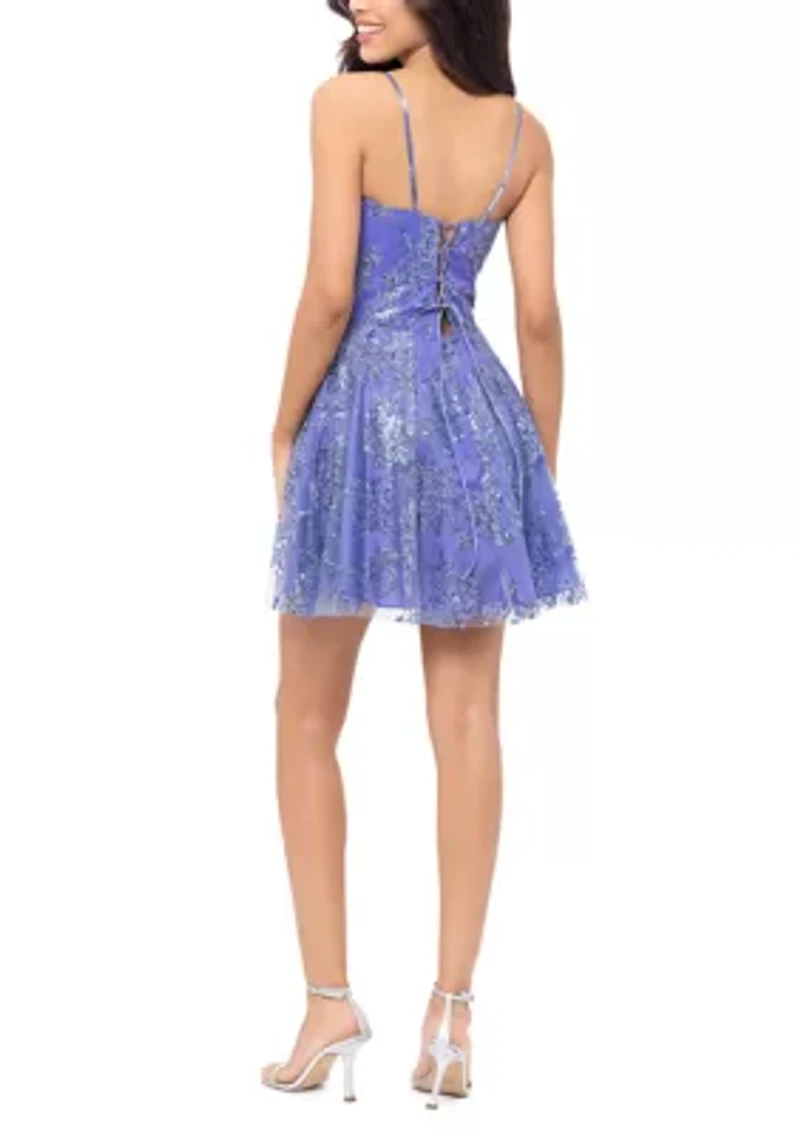 Women's Sleeveless V-Neck Solid Glitter Fit and Flare Dress