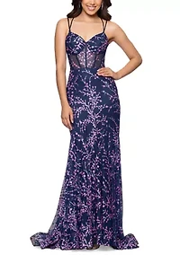 Women's Floral Patterned Mesh Illusion Gown