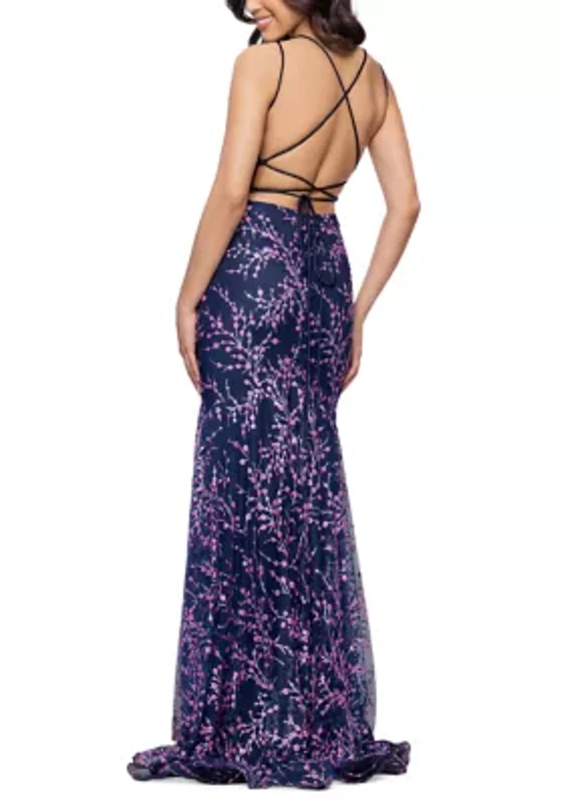 Women's Floral Patterned Mesh Illusion Gown