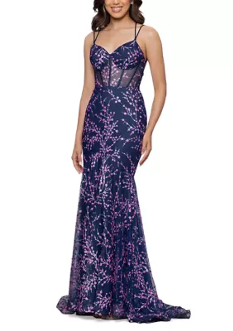 Women's Floral Patterned Mesh Illusion Gown