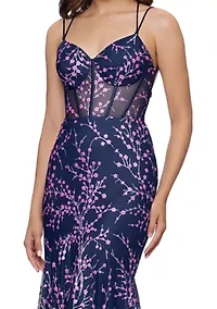 Women's Floral Patterned Mesh Illusion Gown