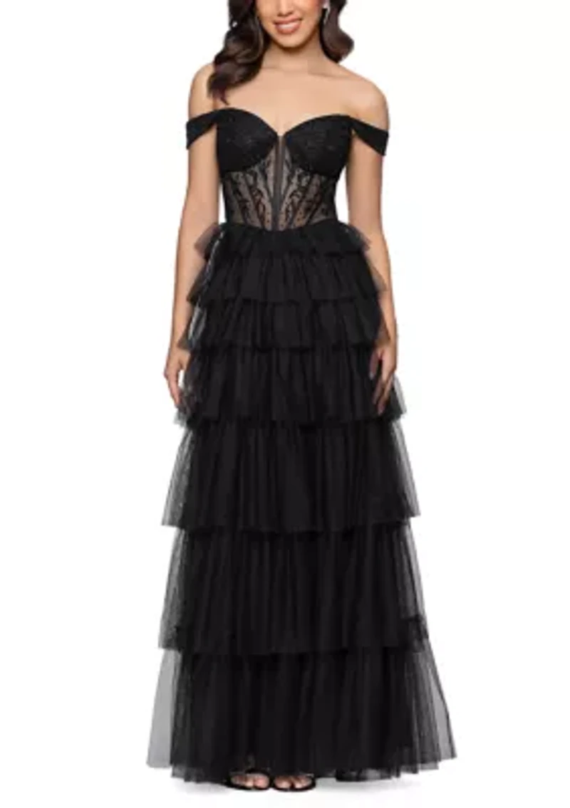Women's Off Shoulder Corset Tiered Mesh Ruffle Ballgown