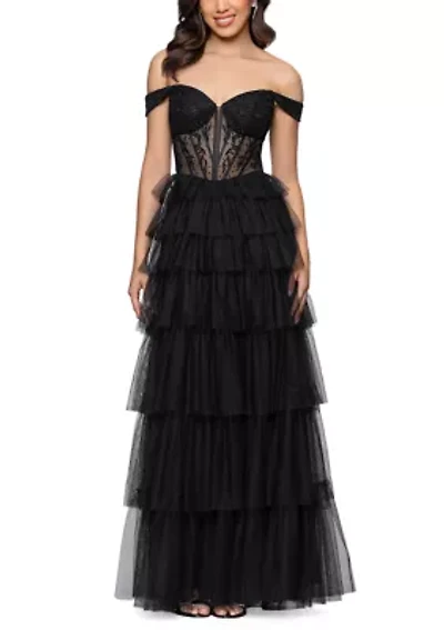 Women's Off Shoulder Corset Tiered Mesh Ruffle Ballgown