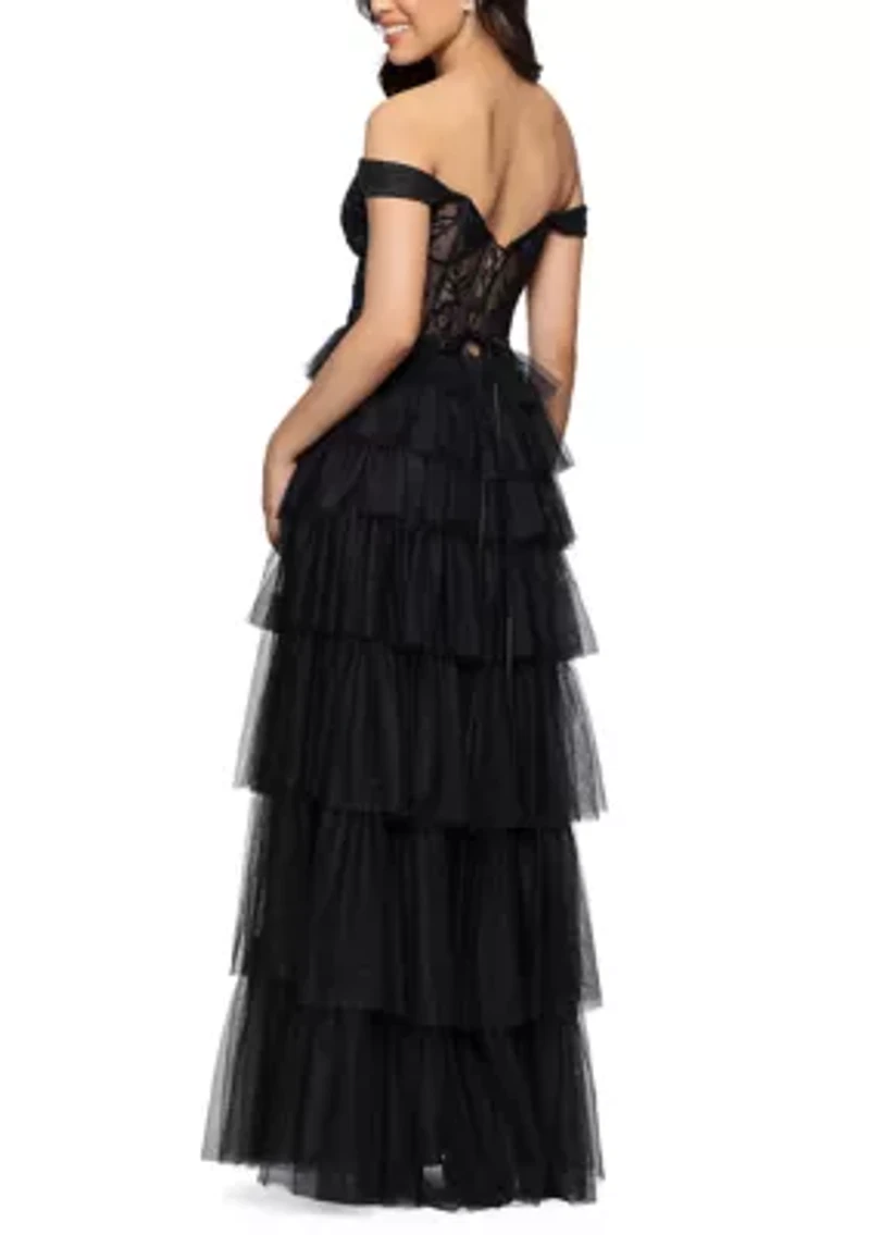 Women's Off Shoulder Corset Tiered Mesh Ruffle Ballgown