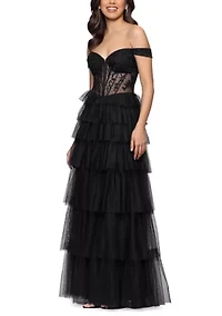 Women's Off Shoulder Corset Tiered Mesh Ruffle Ballgown