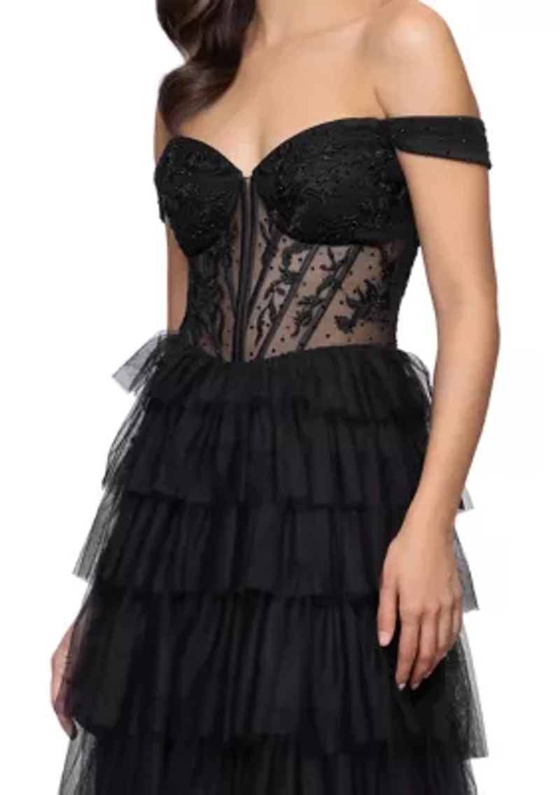 Women's Off Shoulder Corset Tiered Mesh Ruffle Ballgown