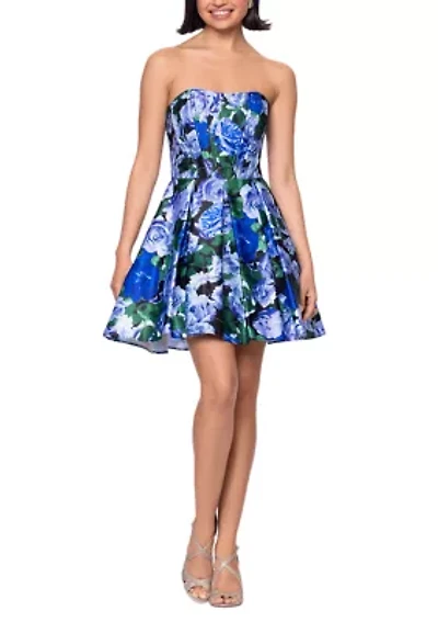 Women's Sleeveless Strapless Satin Floral Print Fit and Flare Dress
