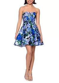 Women's Sleeveless Strapless Satin Floral Print Fit and Flare Dress