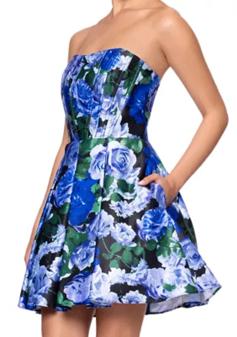 Women's Sleeveless Strapless Satin Floral Print Fit and Flare Dress