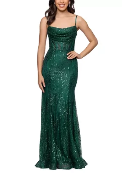 Women's Sleeveless Glitter Mesh Drape Front Dress