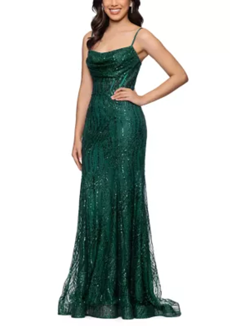 Women's Sleeveless Glitter Mesh Drape Front Dress