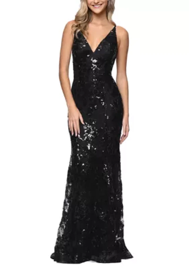 Women's Sleeveless V-Neck Patterned Sequin Gown