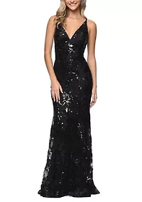 Women's Sleeveless V-Neck Patterned Sequin Gown