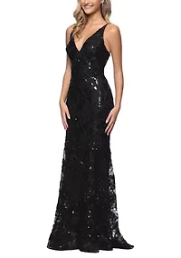 Women's Sleeveless V-Neck Patterned Sequin Gown