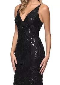 Women's Sleeveless V-Neck Patterned Sequin Gown