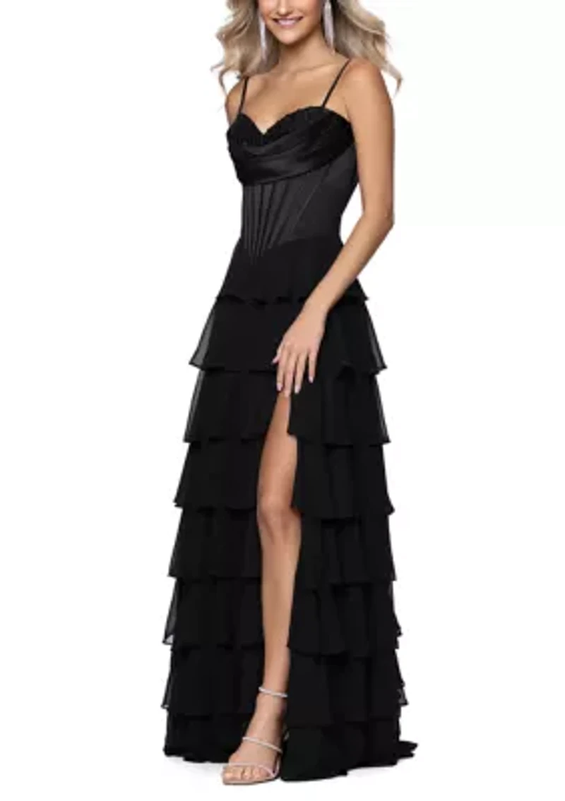 Women's Tiered Cowl Neck Corset Gown