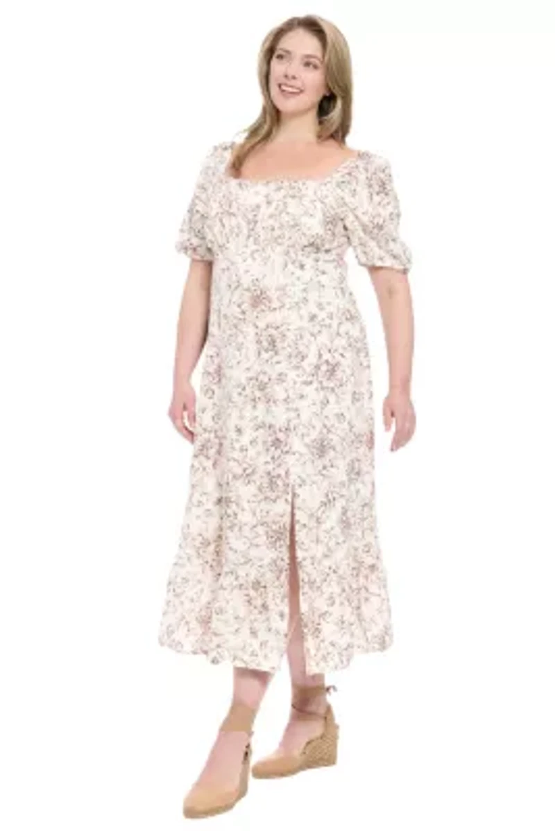 PUFF SLEEVE SQUARE NECK MIDI DRESS