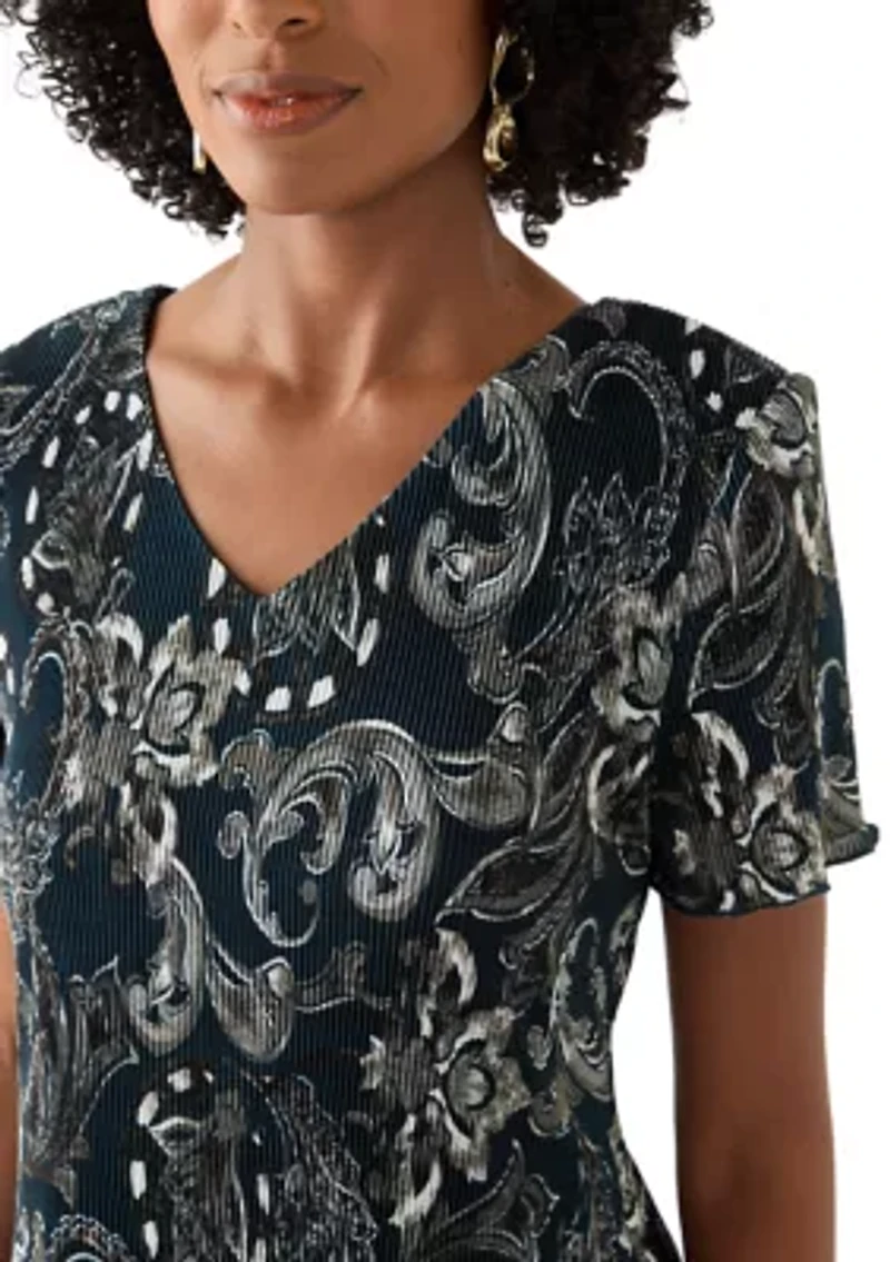 Women's V-Neck Paisley Print Crepe A-Line Dress