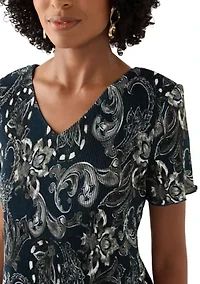 Women's V-Neck Paisley Print Crepe A-Line Dress