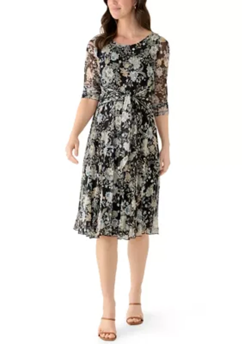 Women's Long Sleeve Printed Mesh Shift Dress